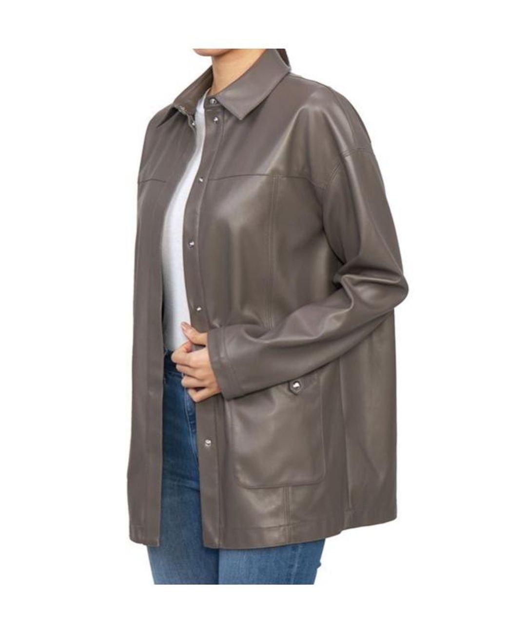Max Mara Gray Collared Long-Sleeved Leather Jacket