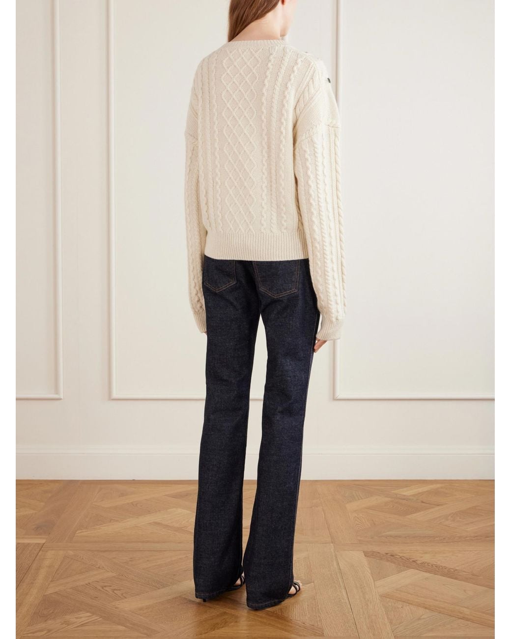 Khaite Natural Floral-Embroidered Cable-Knit Cashmere Sweater