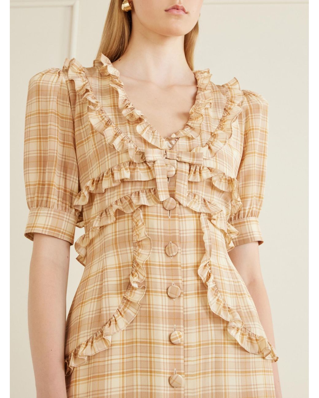 Alessandra Rich Natural Ruffled Checked Silk Midi Dress