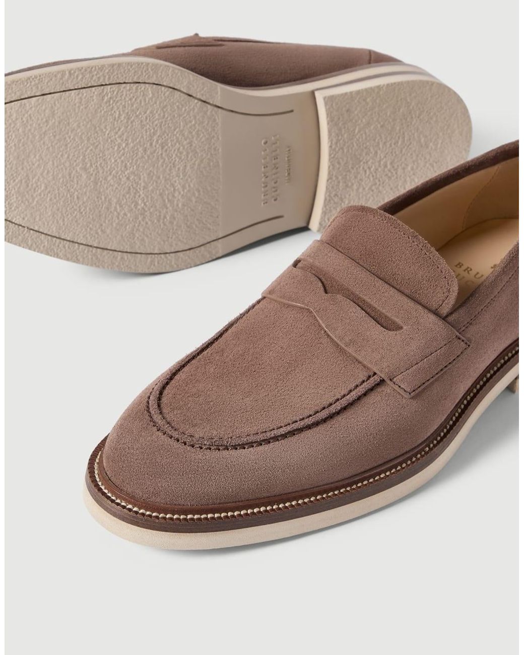 Brunello Cucinelli Brown Suede Penny Loafers for men