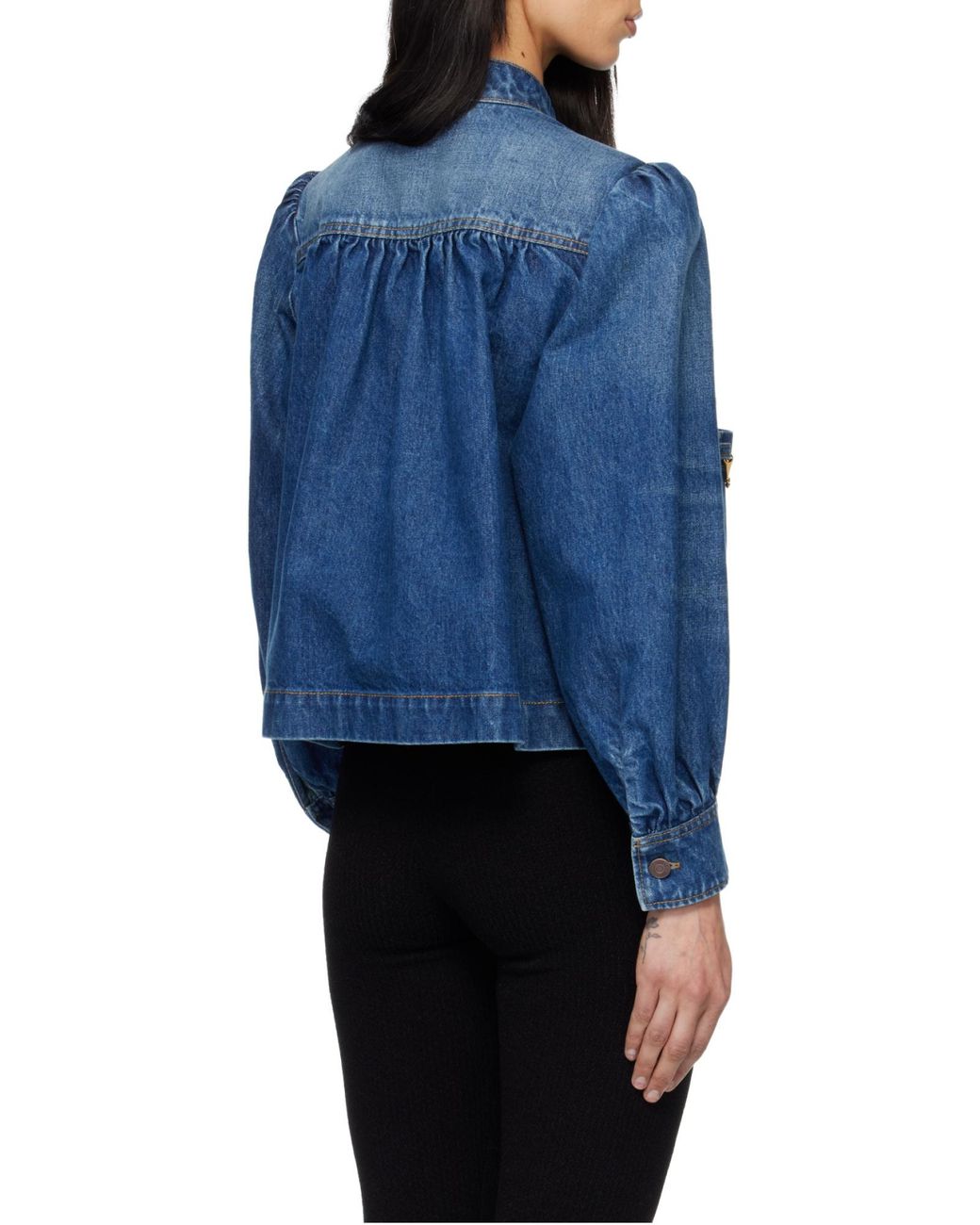 Chloé Blue Chloé High-Neck Gathered Denim Jacket