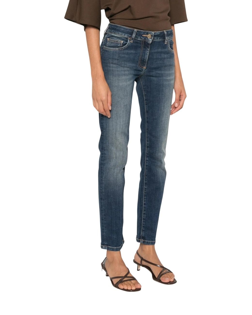 Elisabetta Franchi Blue Faded-Effect Embroidered Logo Jeans