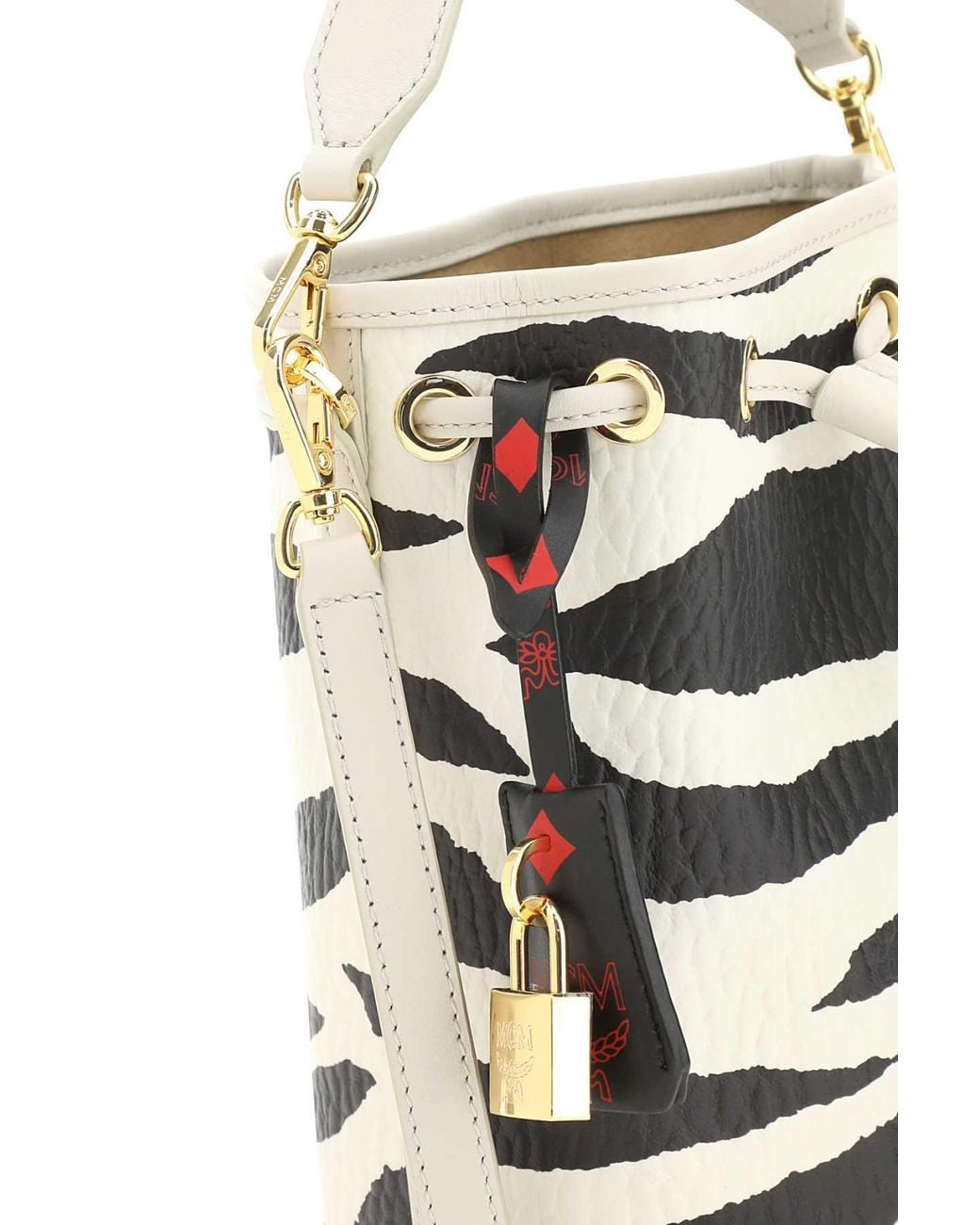 MCM White Zebra Printed Drawstring Tote Bag