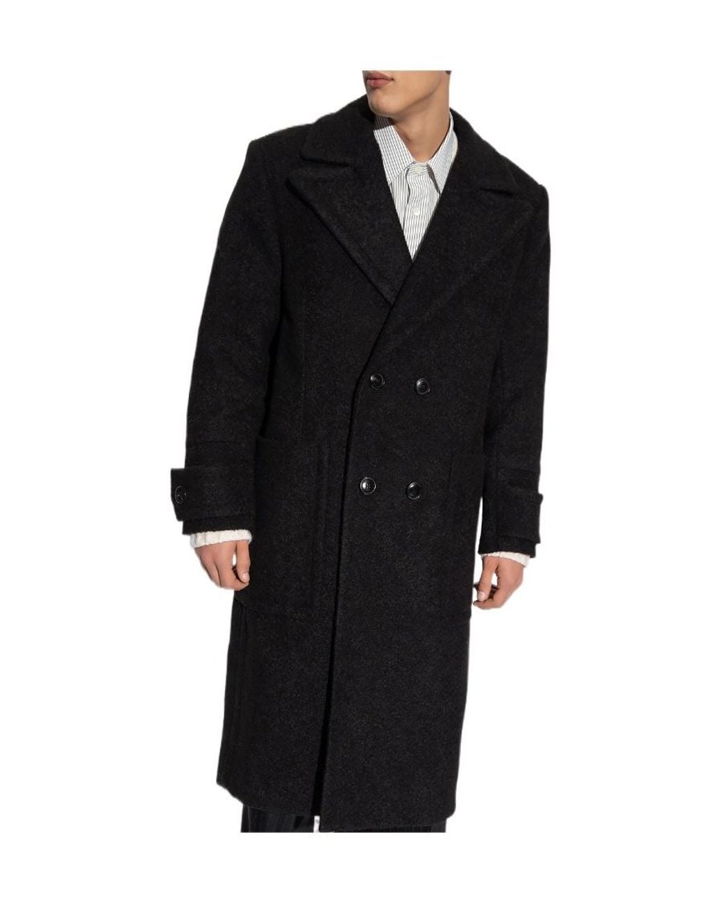 AMI Black Double-Breasted Virgin Wool Overcoat for men