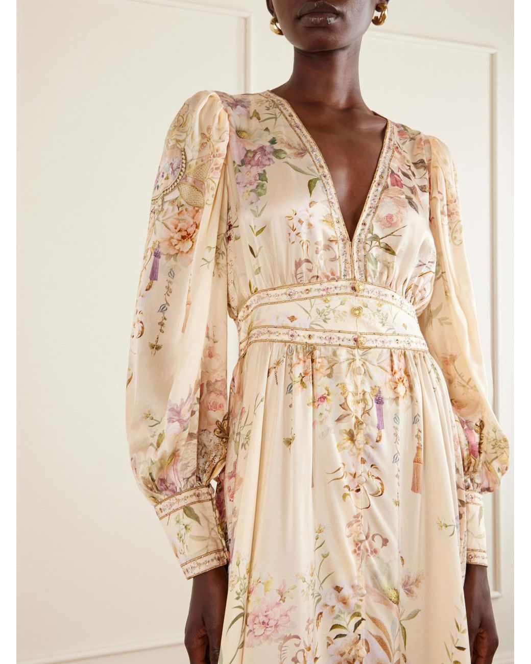 Camilla Natural Crystal-Embellished Tiered Floral-Print Silk-Chiffon Midi Dress