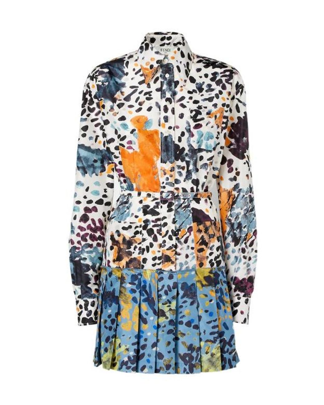 Fendi Blue Falena Print Belted Pleated Mini Dress