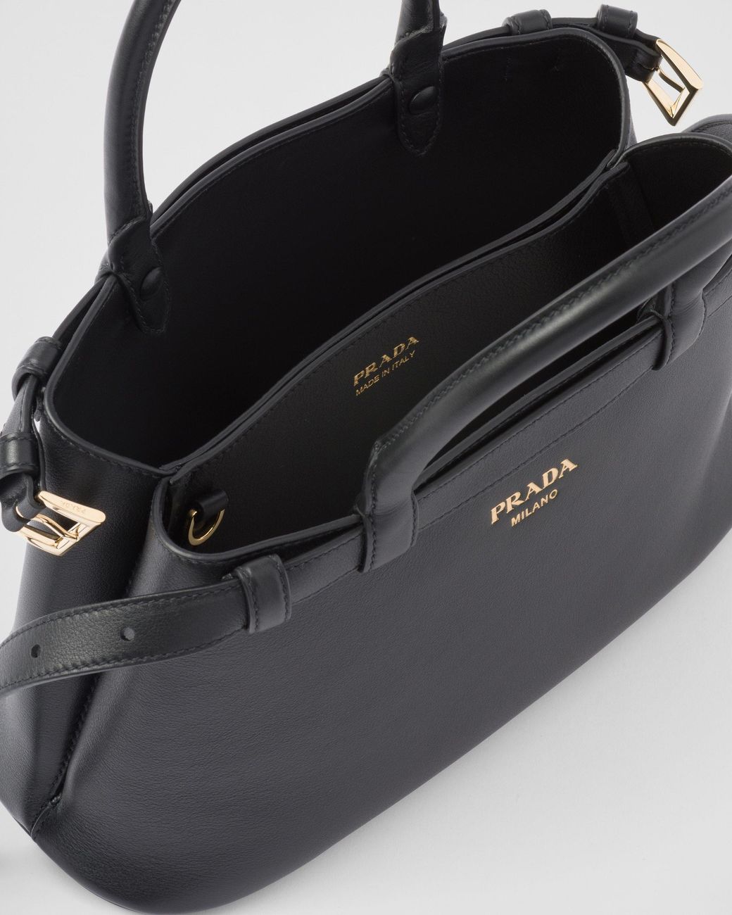 Prada Black Buckle Small Leather Handbag With Double Belt