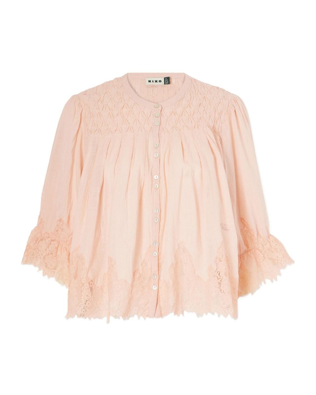 Rixo Natural Shirred Lace-Trimmed Cotton-Voile Blouse