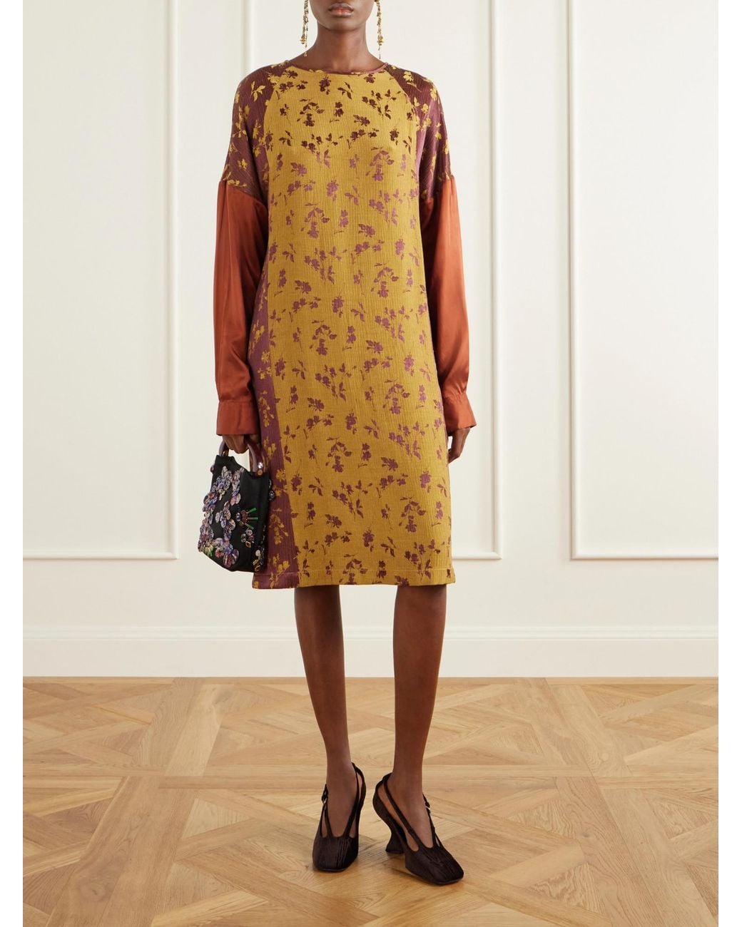Dries Van Noten Natural Satin-Trimmed Floral-Jacquard Midi Dress