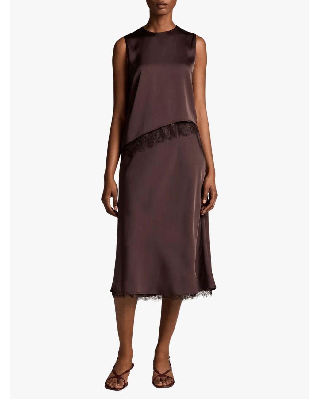Vince Brown Lace-Trim Midi Skirt