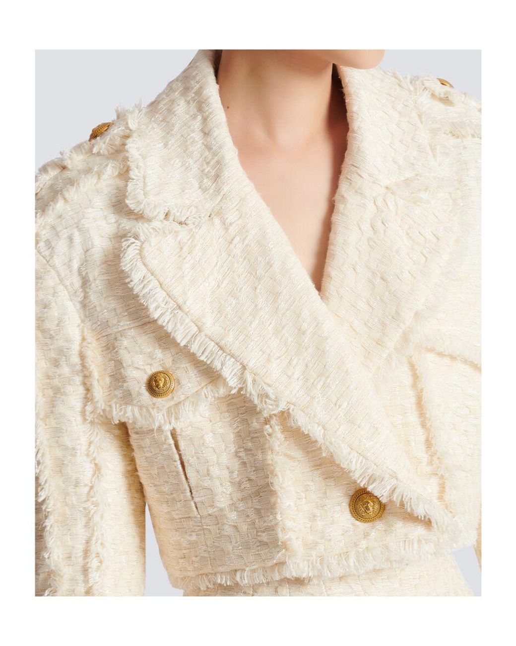 Balmain Natural Short Fringed Tweed Jacket