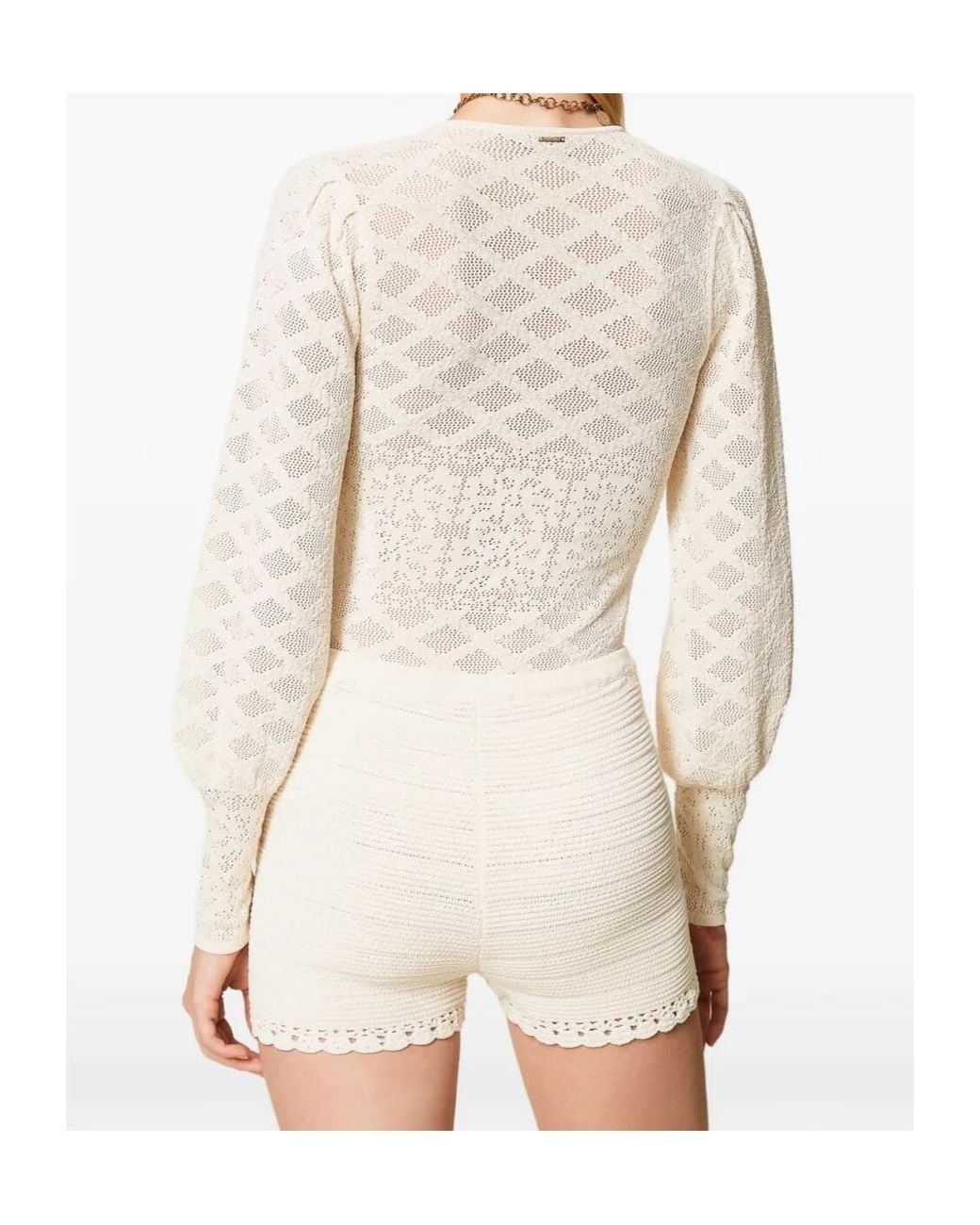 Twinset Natural Crochet Detailed Knitted Shorts