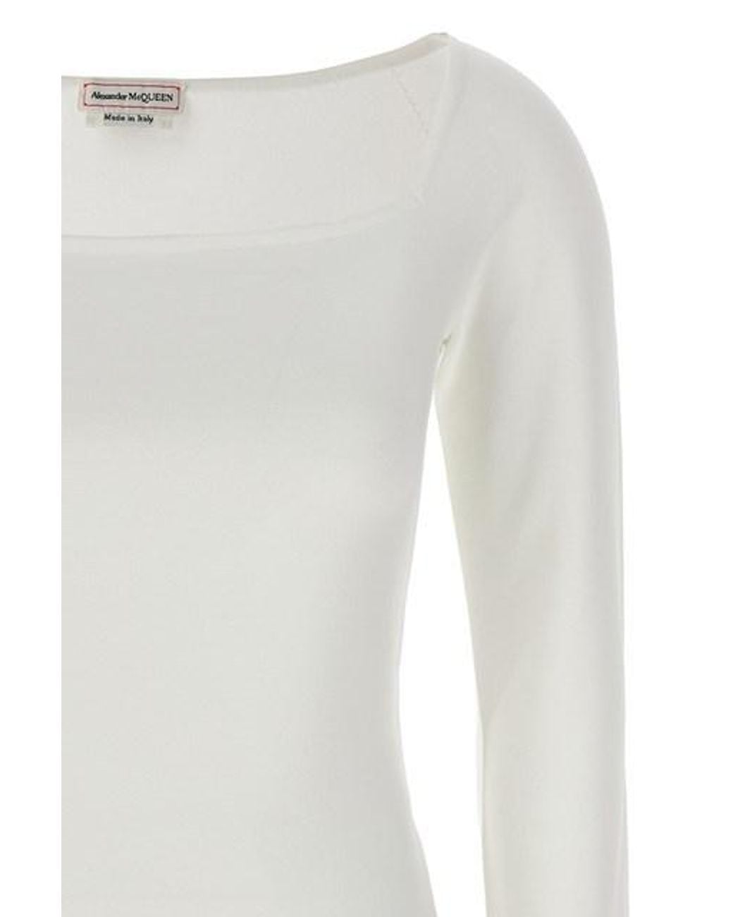 McQueen White Long Sleeved Square-Neck Knitted Top