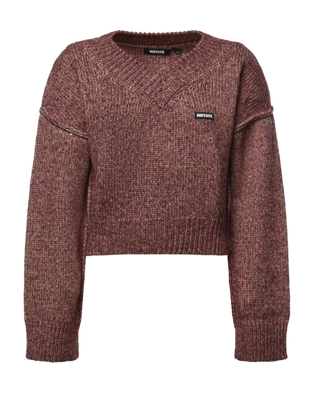 ROTATE BIRGER CHRISTENSEN Brown Cropped V-Neck Knitted Sweater