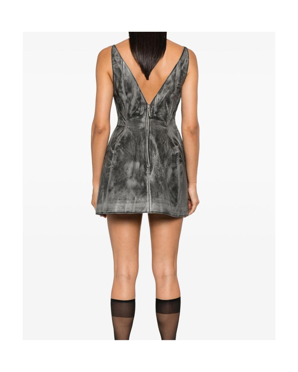 Marni Gray Leather Sleeveless Plunging V-Neck Flared Mini Dress