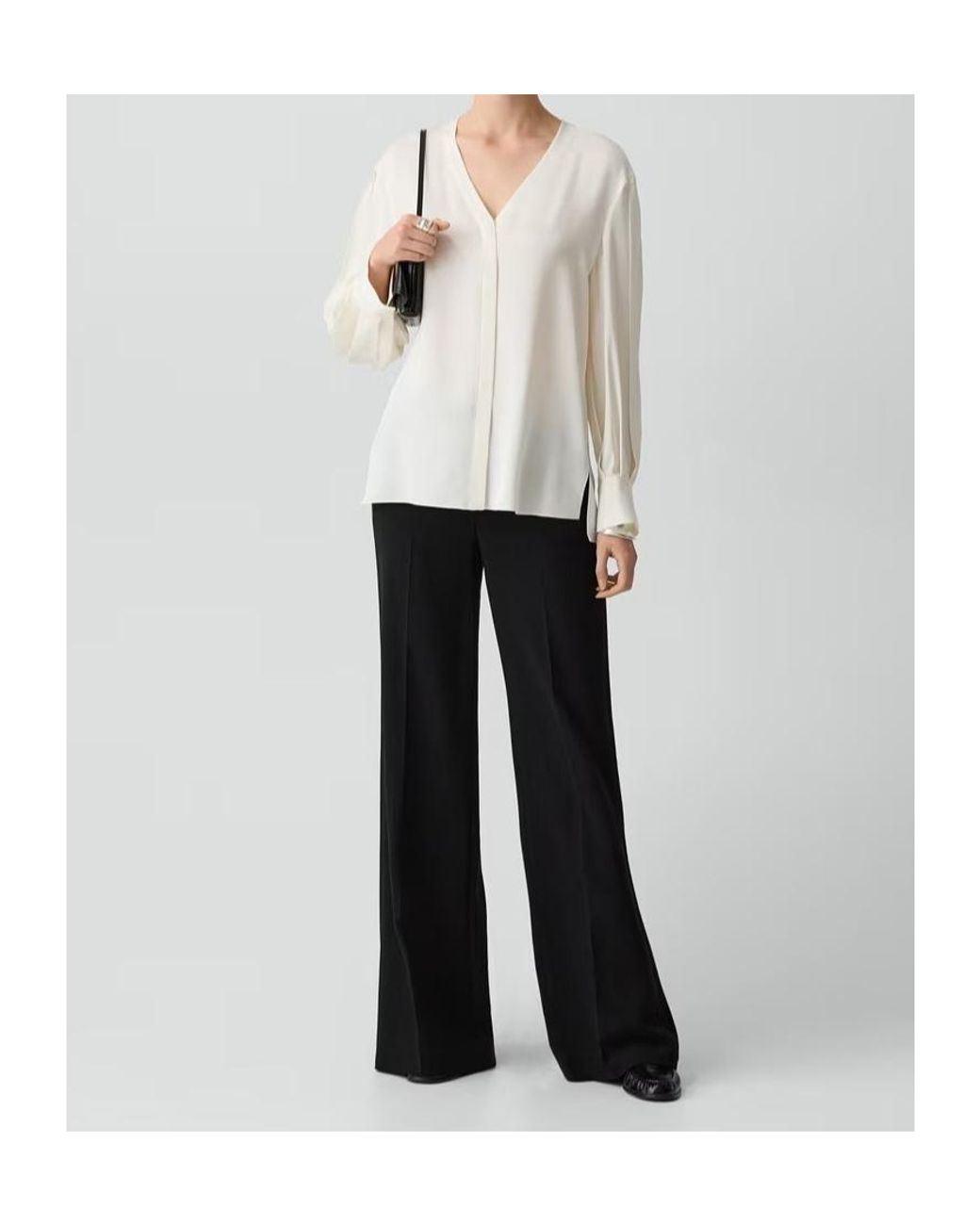 Theory White V-Neck Flared-Cuff Blouse