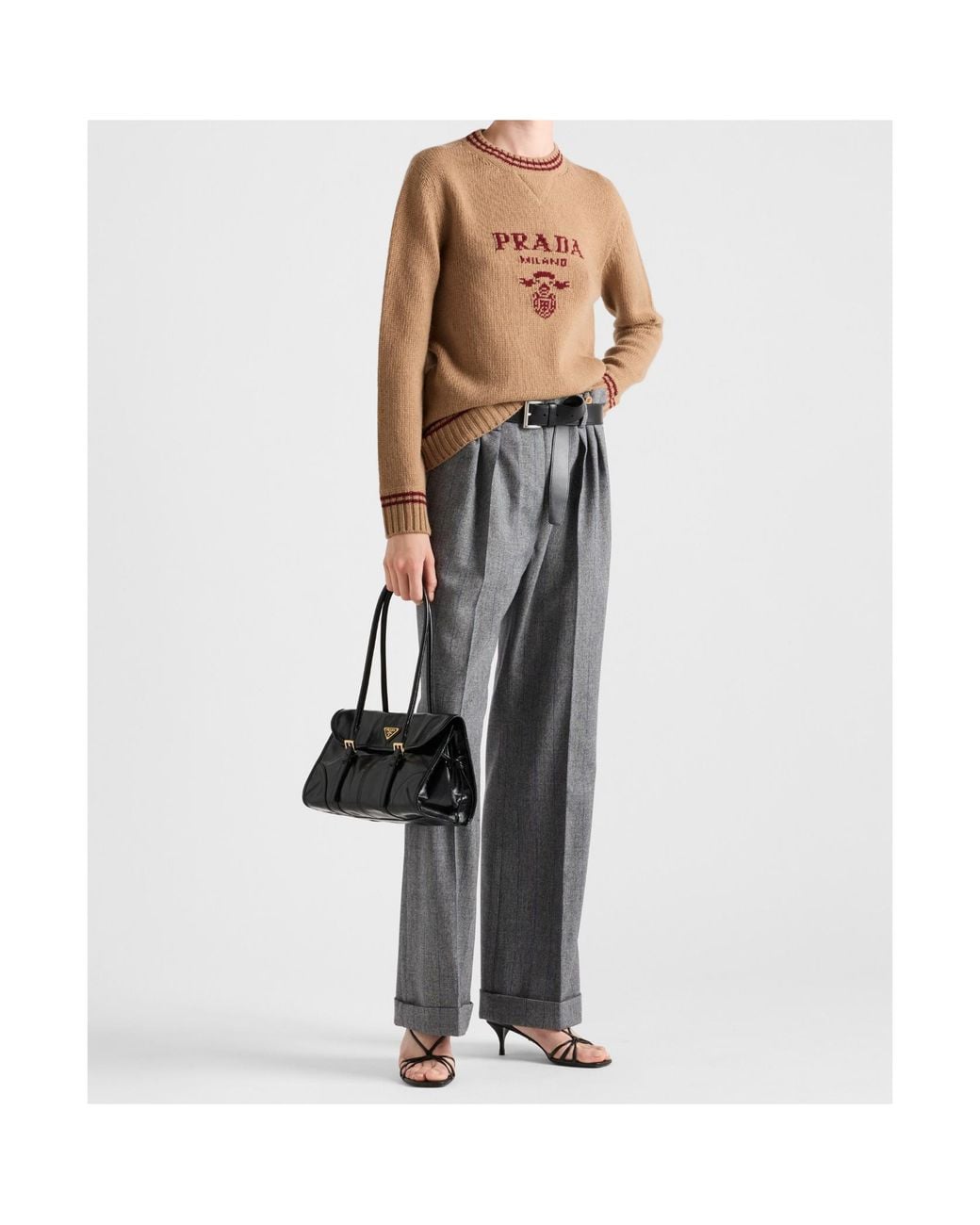 Prada Brown Logo-Intarsia Striped-Trim Crewneck Jumper