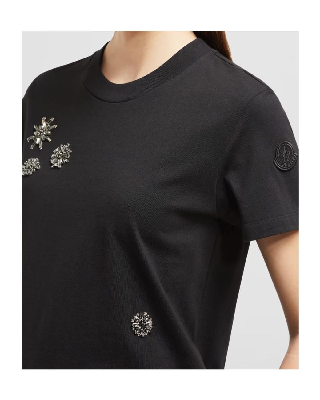Moncler Black Crystal Flowers Cotton T-Shirt