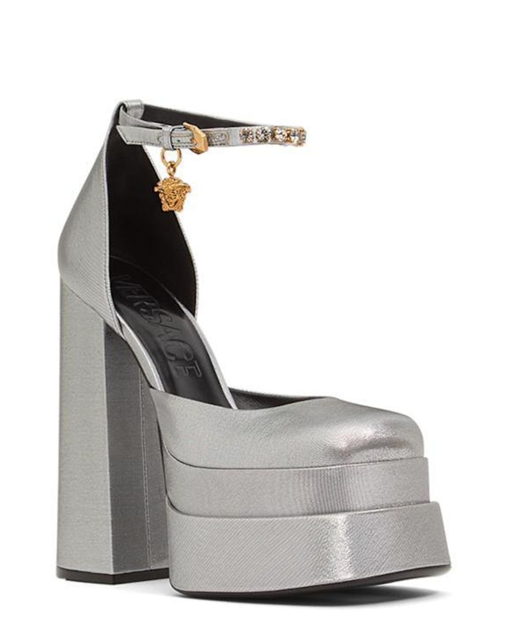 Versace Gray Block Heel Mules With Ankle Strap