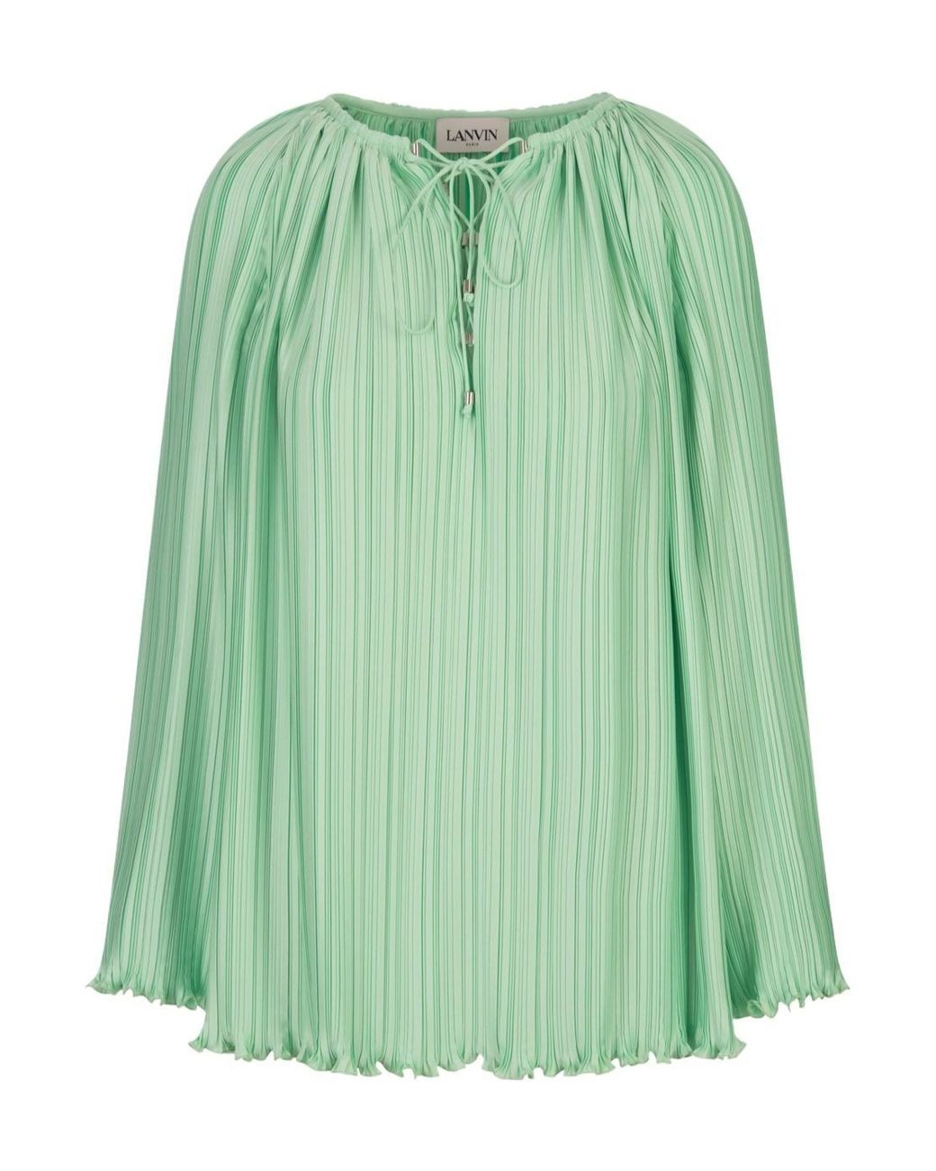 Lanvin Green Pleated Ruffled-Hem Tied-Neck Blouse