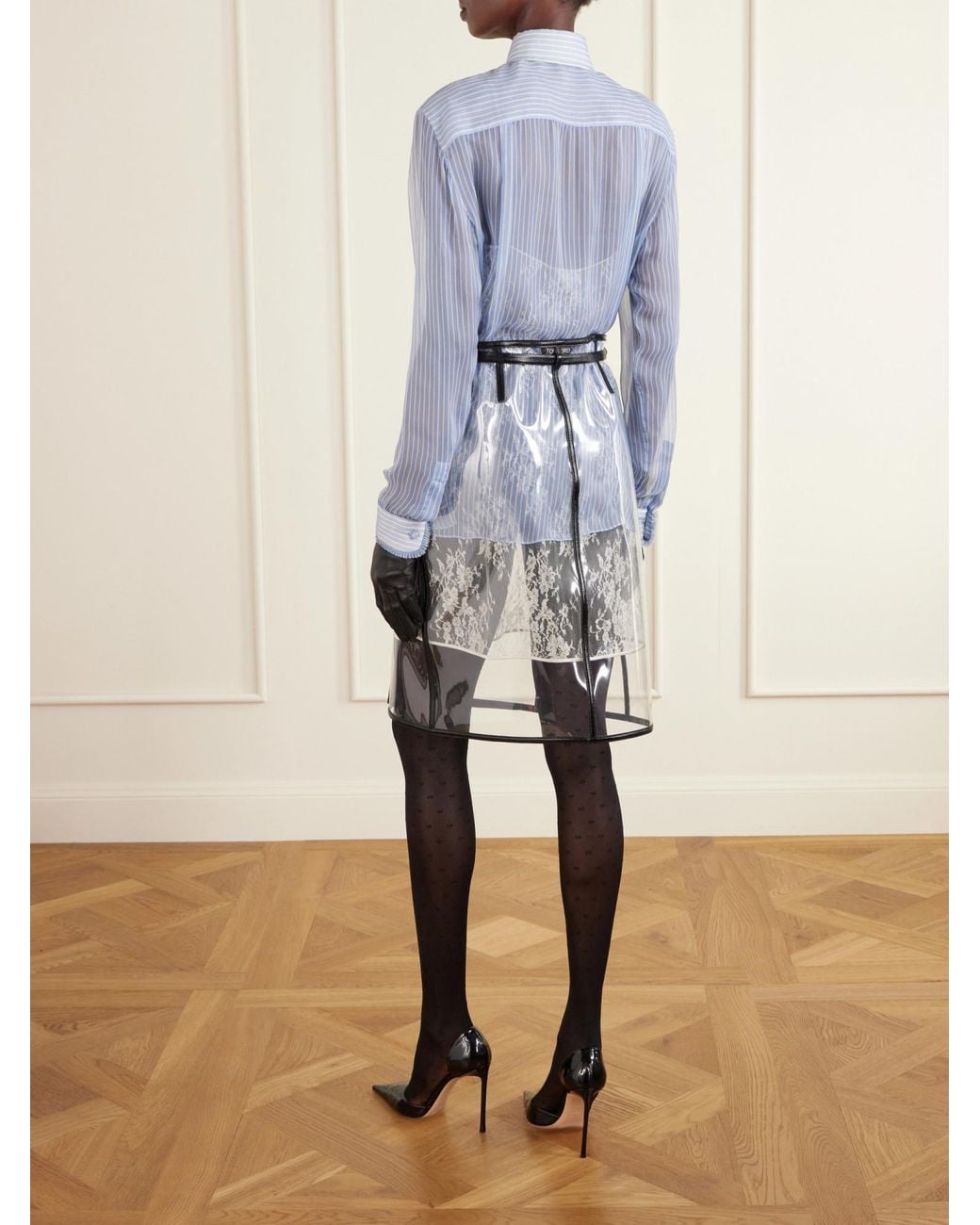 Tom Ford Black Effect Leather-Trimmed Knee-Length Skirt
