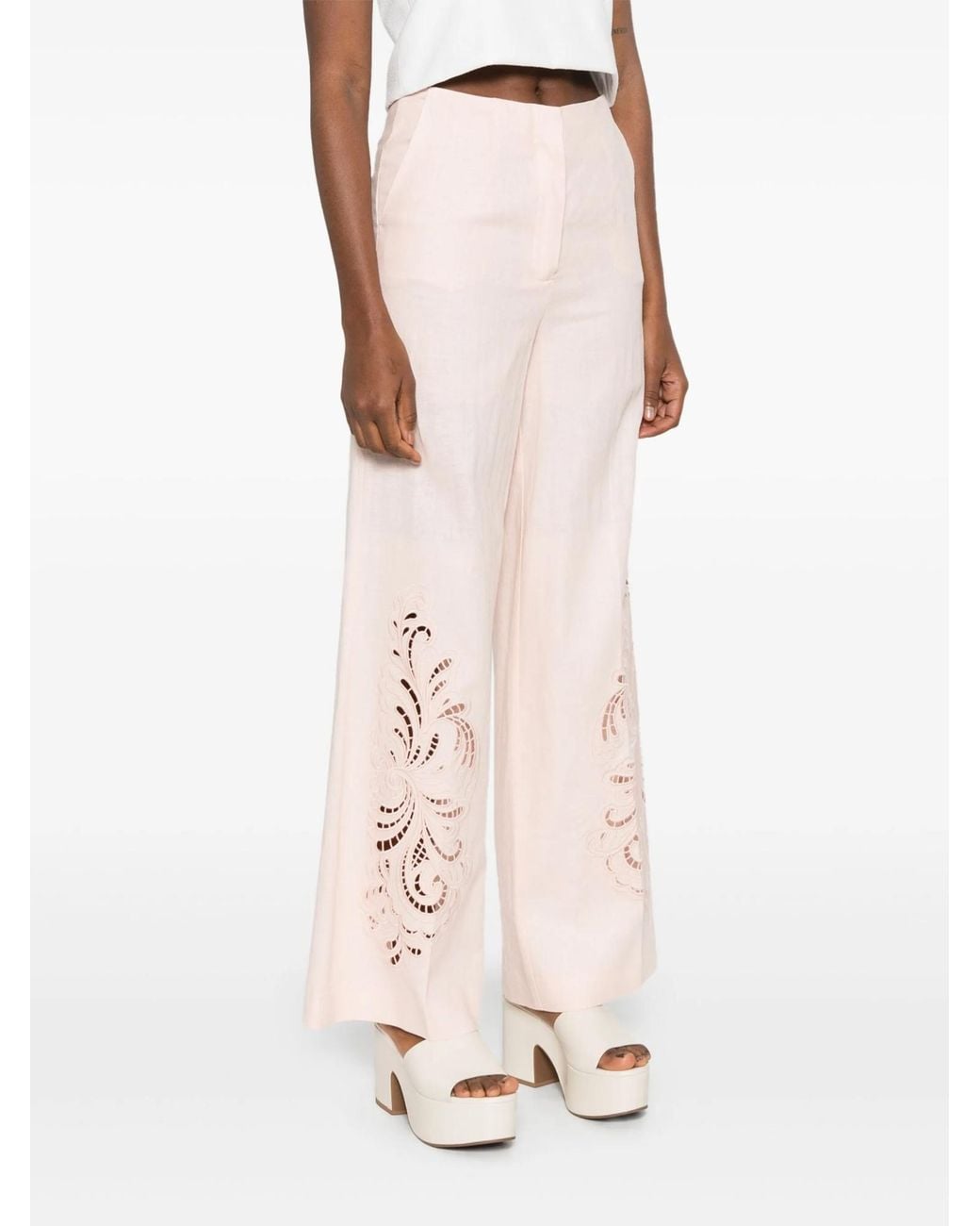 Twinset Pink Floral Embroidered Pressed Crease Trousers