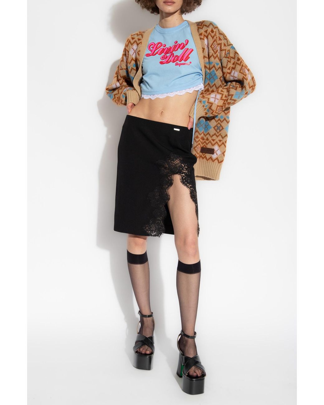 DSquared² Black Lace-Detailed Front-Slit Skirt