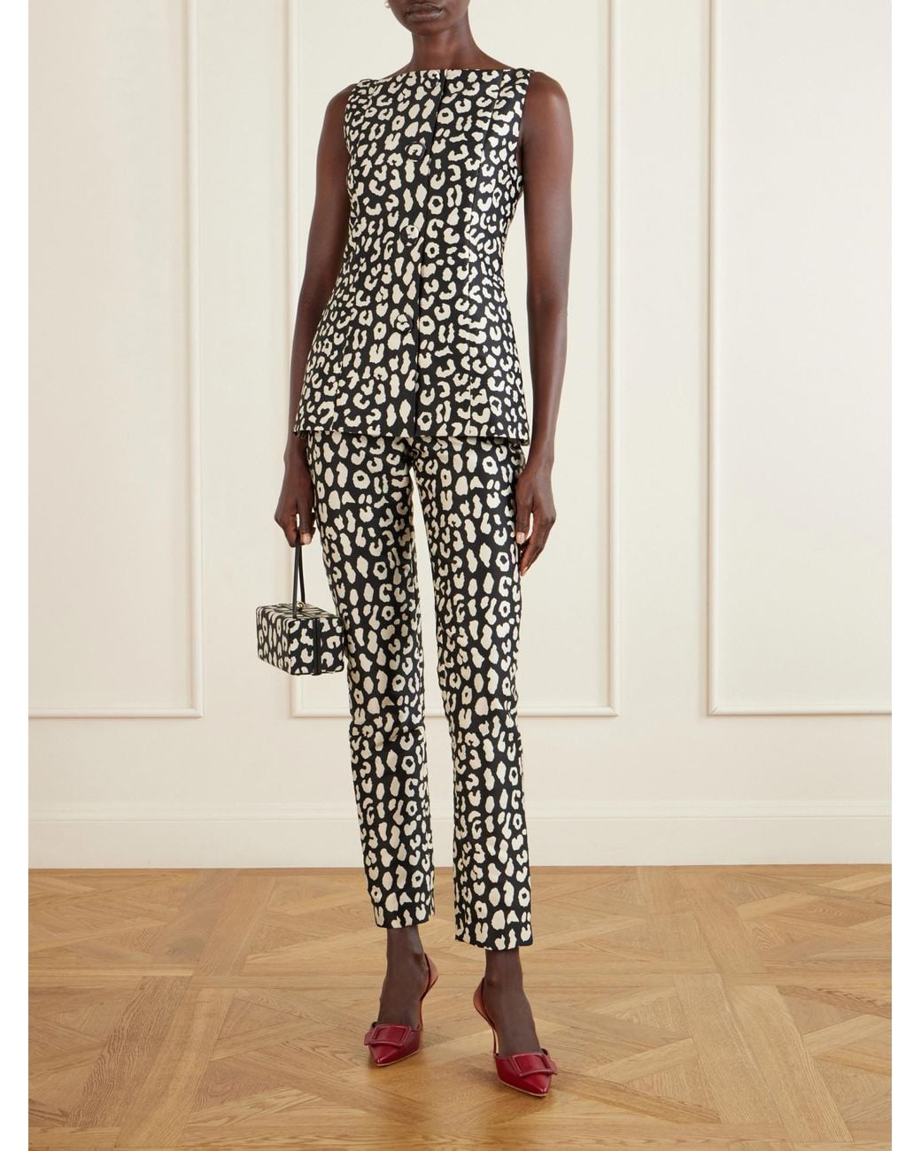 Carolina Herrera Black Leopard-Patterned Jacquard Slim-Leg Pants