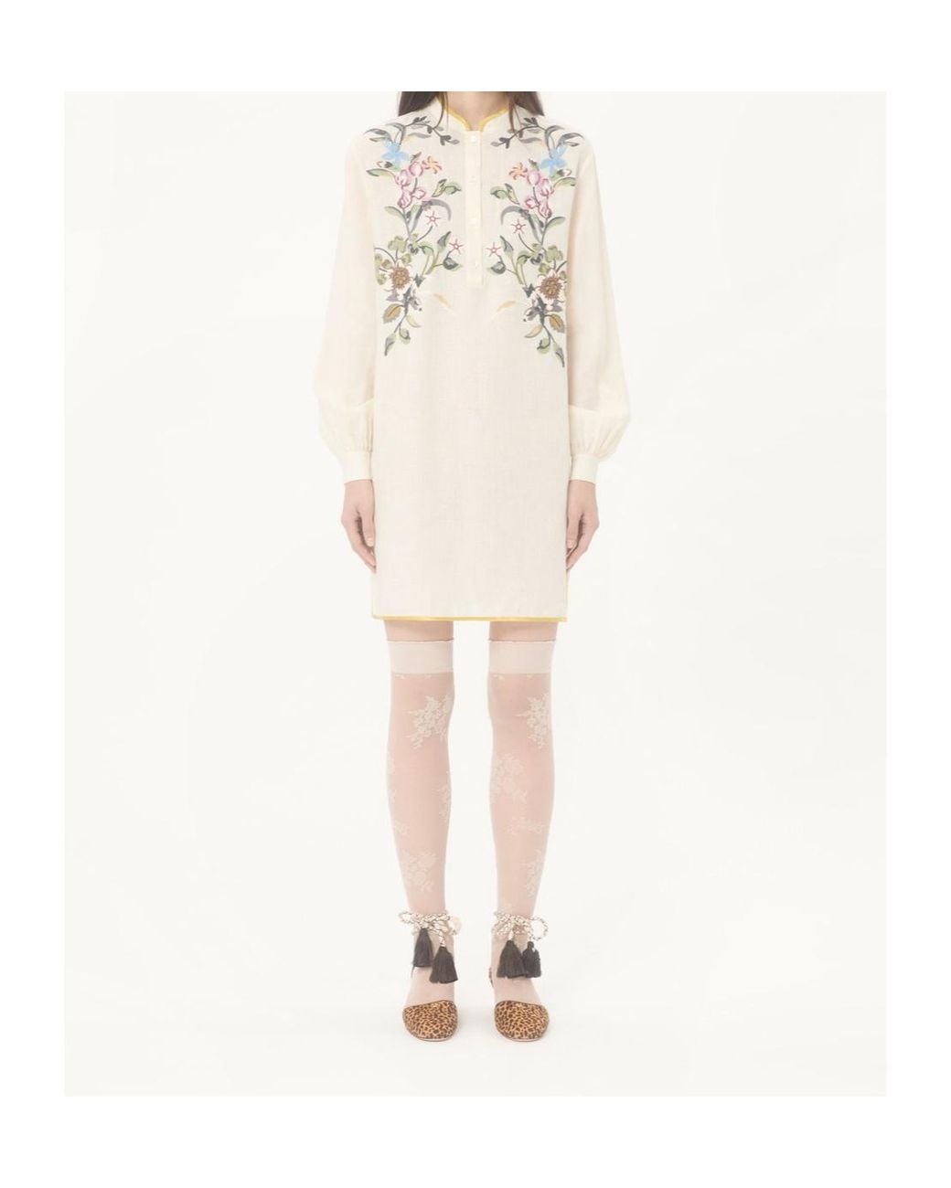 Valentino Natural Floral Patterned Long-Sleeved Mini Dress