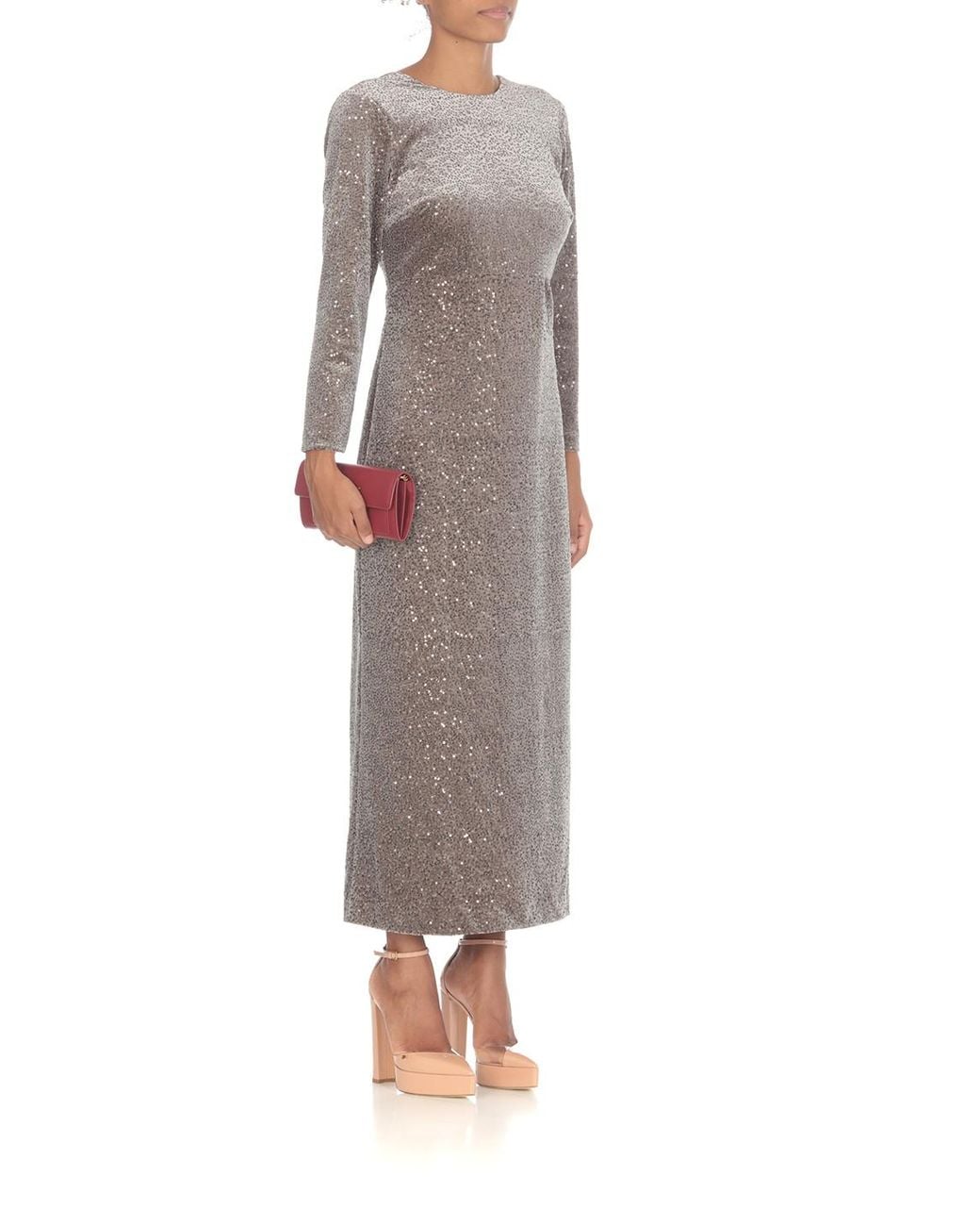 Peserico Gray Sequined Long Sleeved Midi Dress