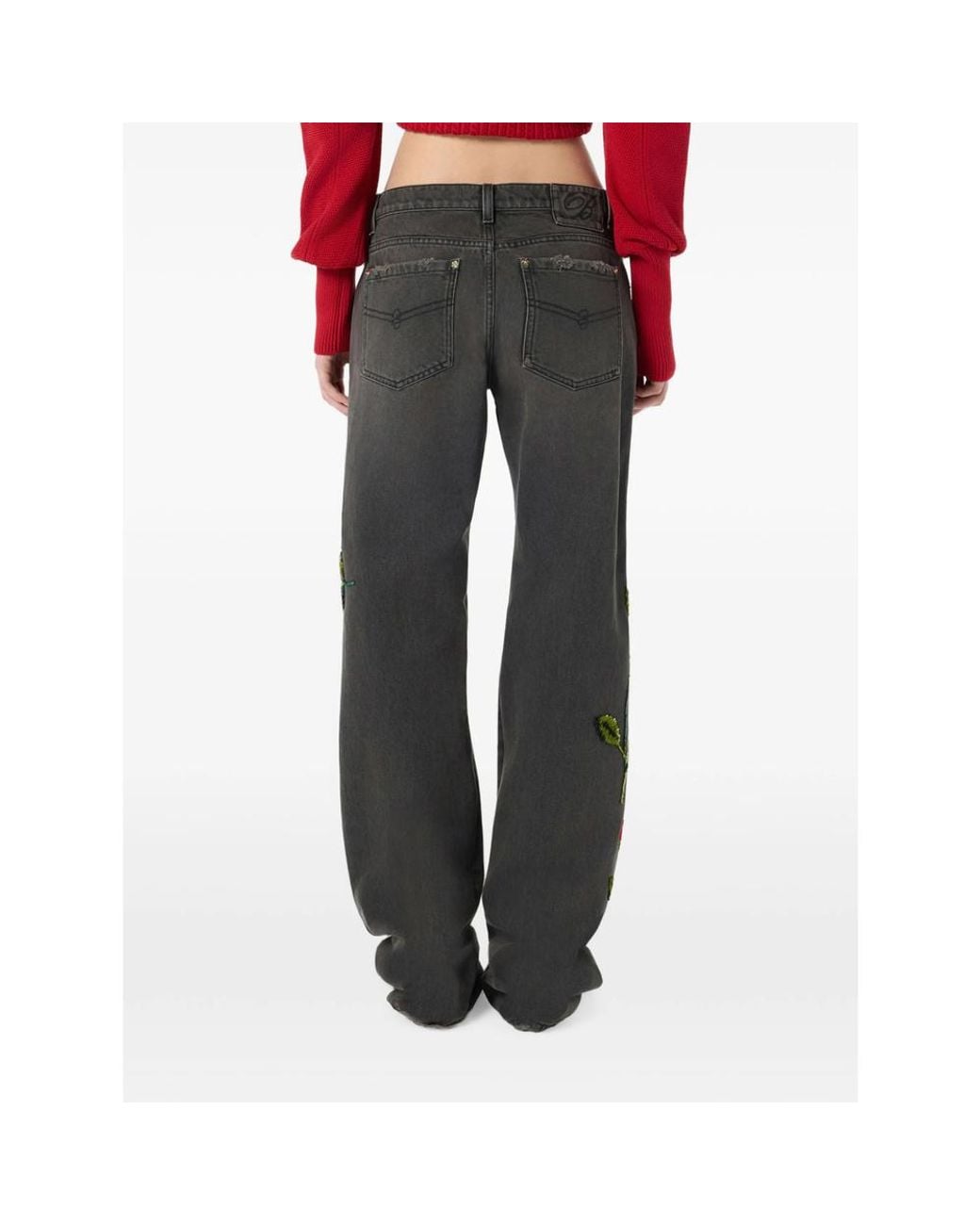 Blumarine Red Wide-Leg Jeans With Sequin Embroidery