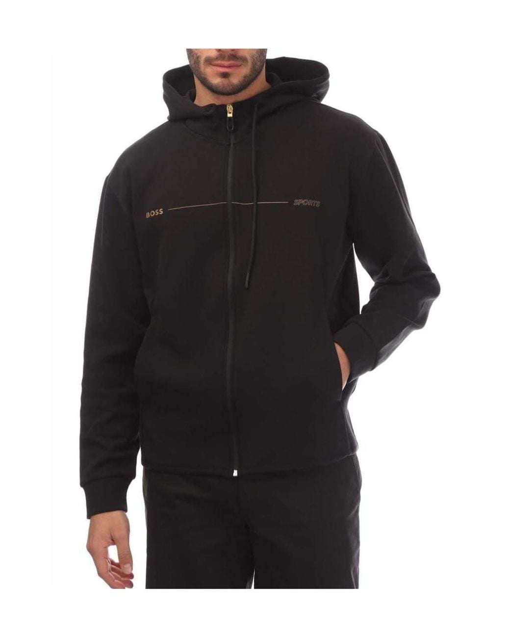 Boss Black Printed Artwork Zip-Up Hoodie for men