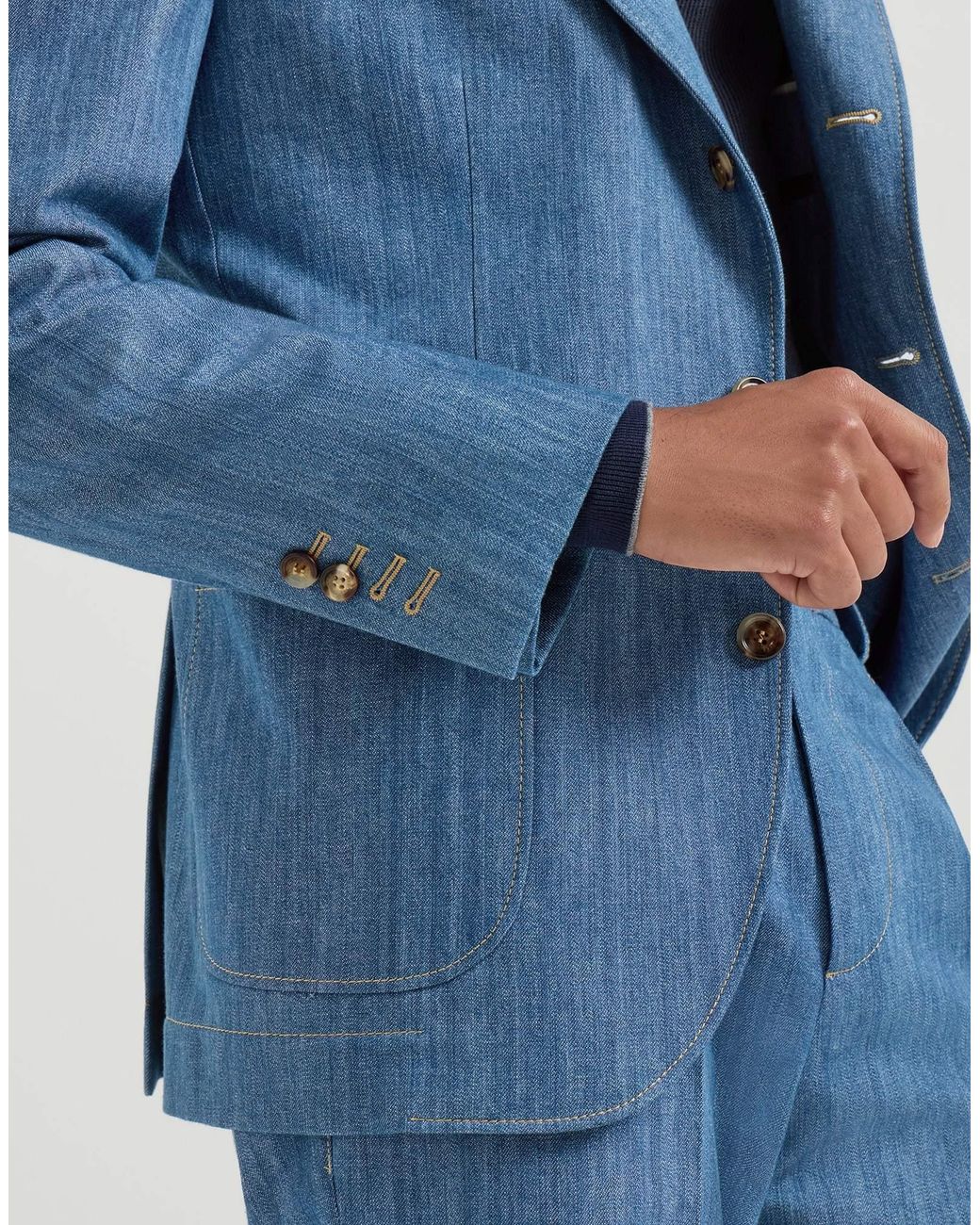 Brunello Cucinelli Blue Lightweight Denim Deconstructed Peak-Lapel Blazer With Patch Pockets for men