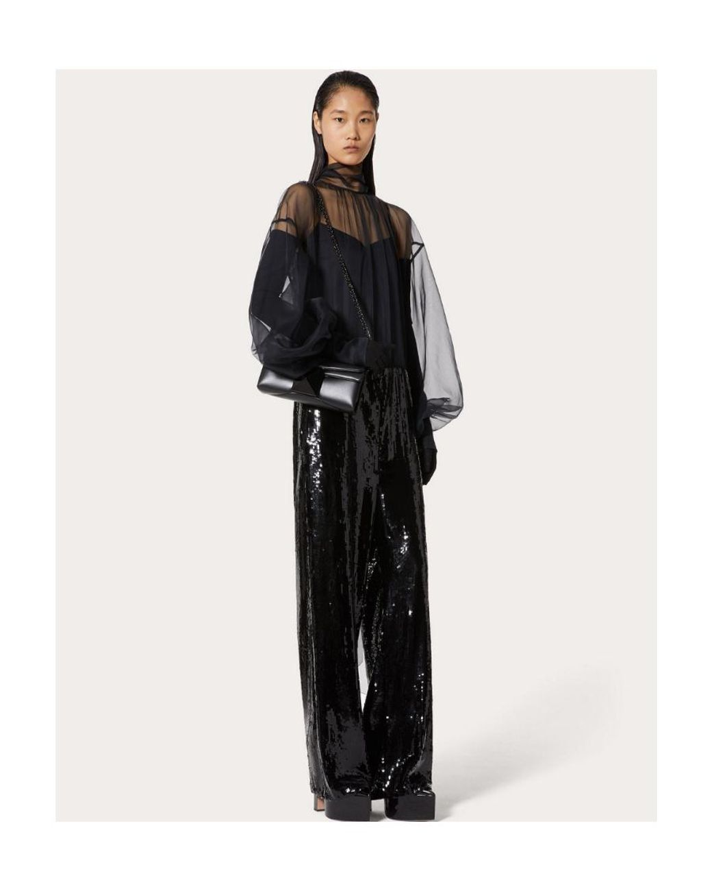 Valentino Black Bow-Trimmed Long-Sleeved Jumpsuit