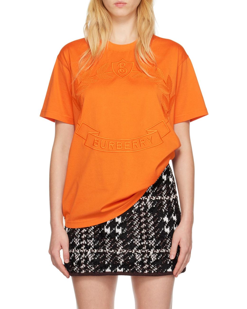 Burberry Orange Logo Embroidered Crewneck T-Shirt