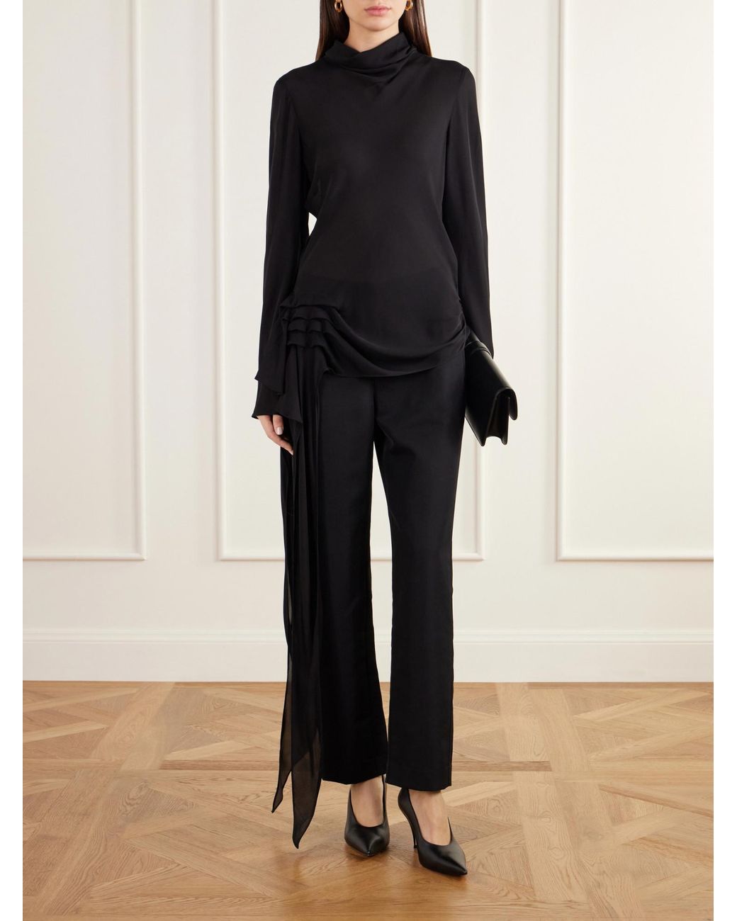 Kallmeyer Black Gathered Silk-Charmeuse Blouse