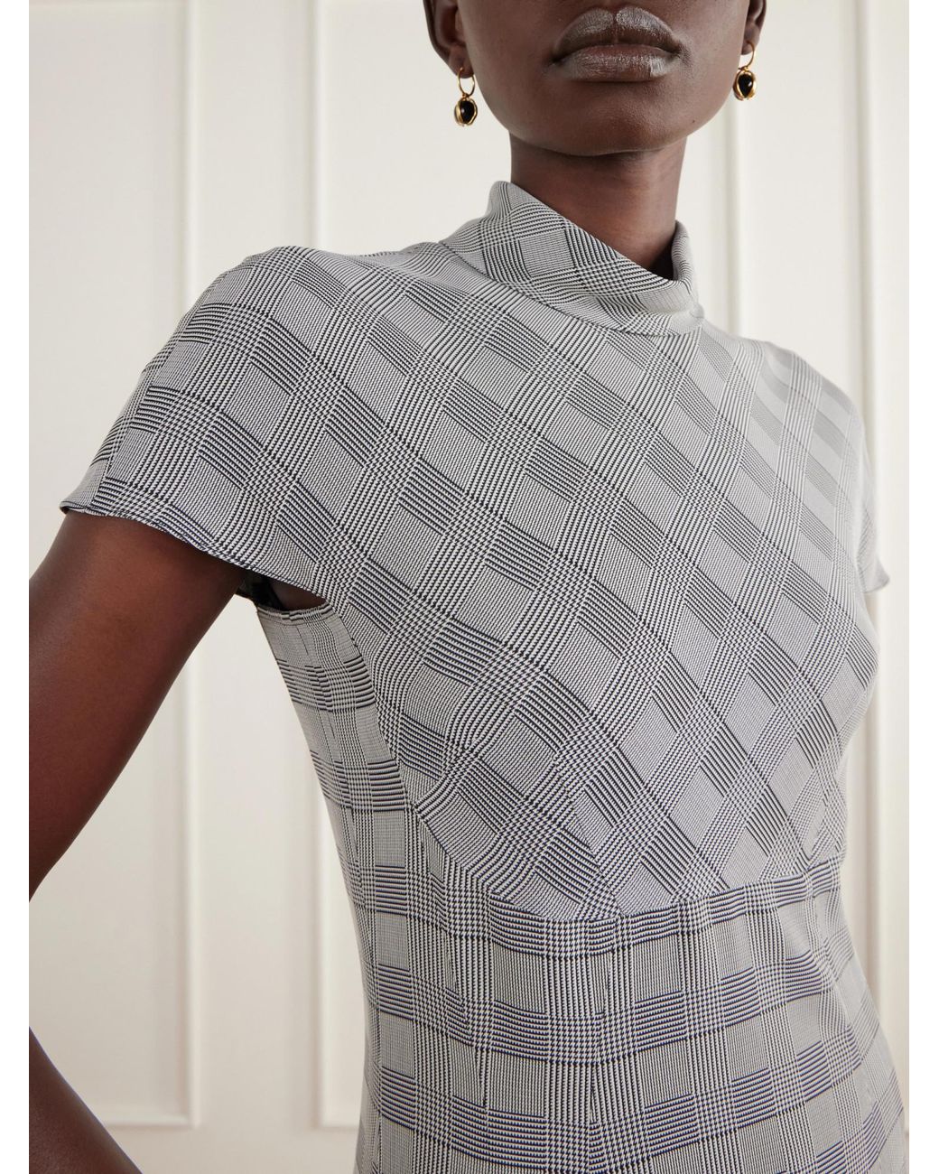 Emilia Wickstead Gray Thea Prince Of Wales Checked Woven Turtleneck Midi Dress
