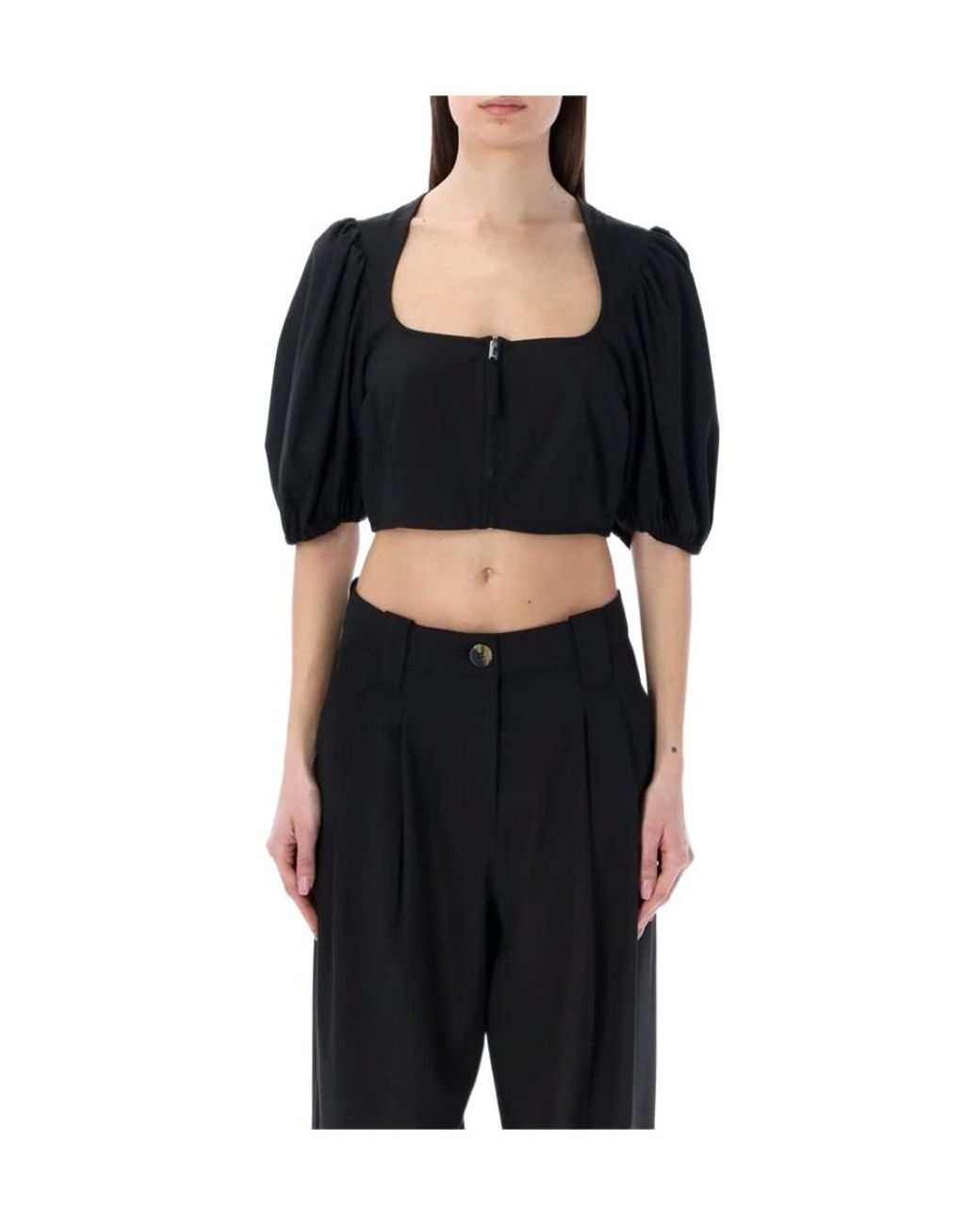Ganni Black Puff Sleeved Cropped Top