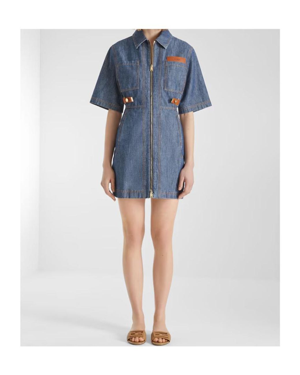 Fendi Blue Logo Detailed Denim Chambray Dress