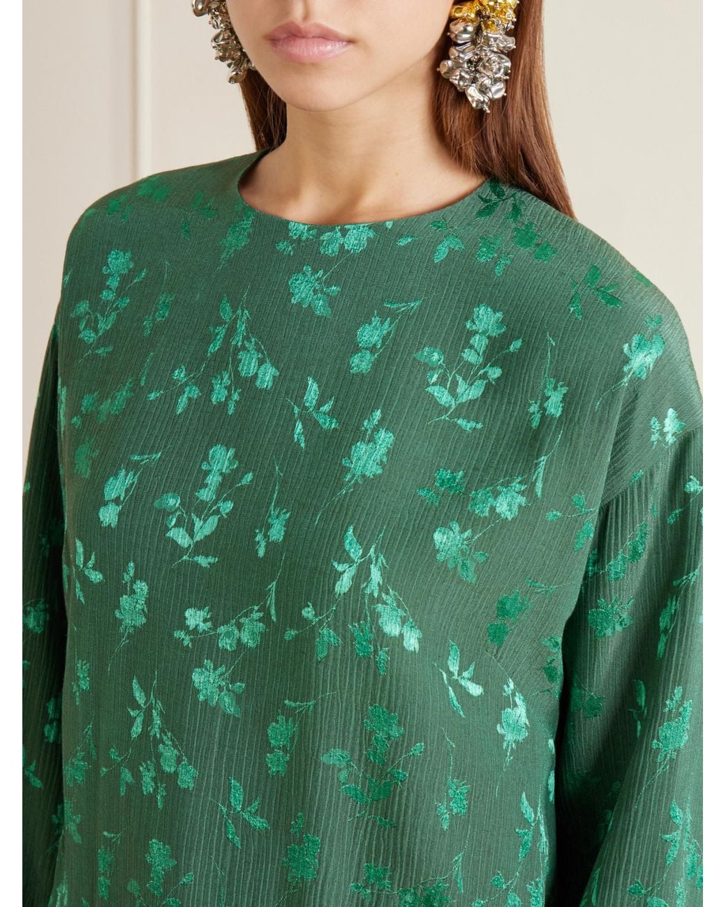 Dries Van Noten Green Floral-Jacquard Cloqué Blouse