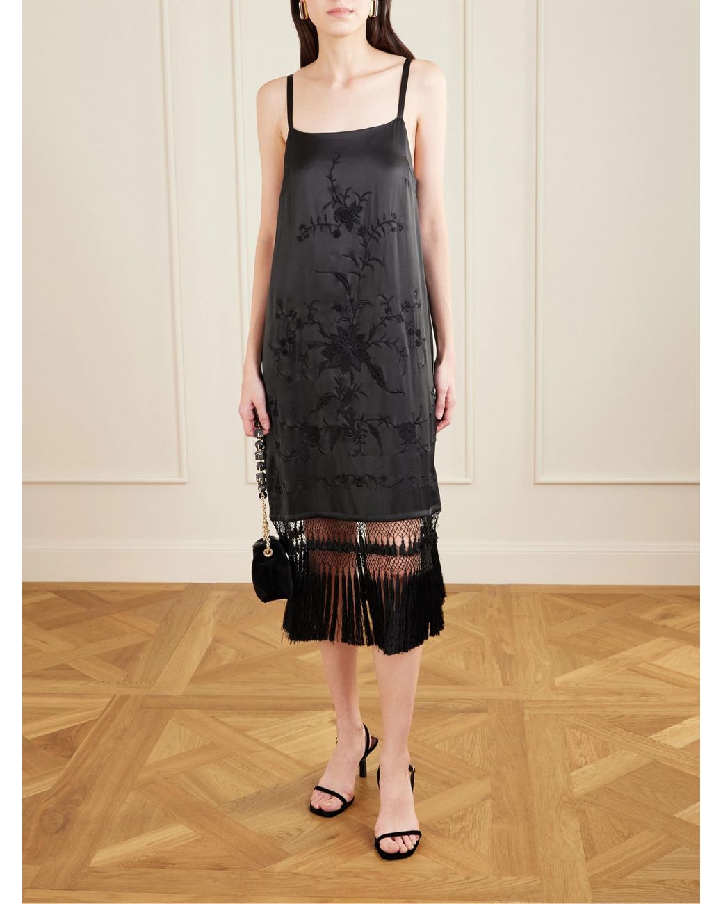 Bode Black Fringed Floral Dress