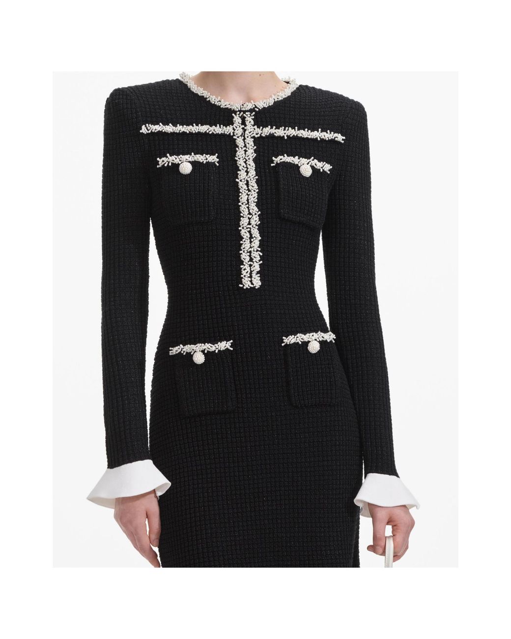 Self-Portrait Black Pearl-Trim Knit Midi Dress