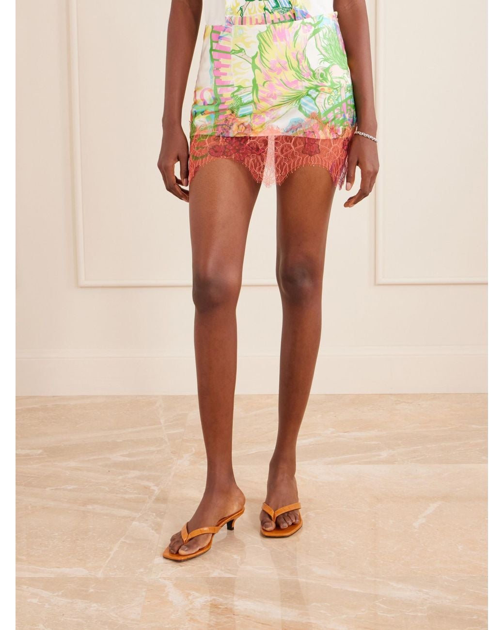 Donde Esteban Green Lace-Trimmed Printed Satin Mini Skirt