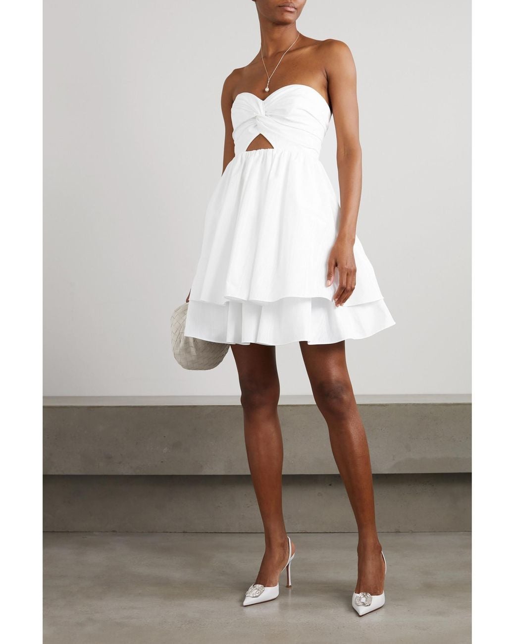 Carolina Herrera White Tiered Ruffled Cutout Moire-Taffeta Mini Dress
