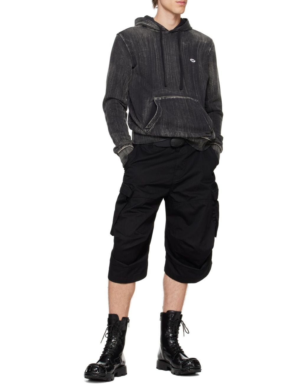 DIESEL Gray Logo Patch Drawstring Hoodie for men