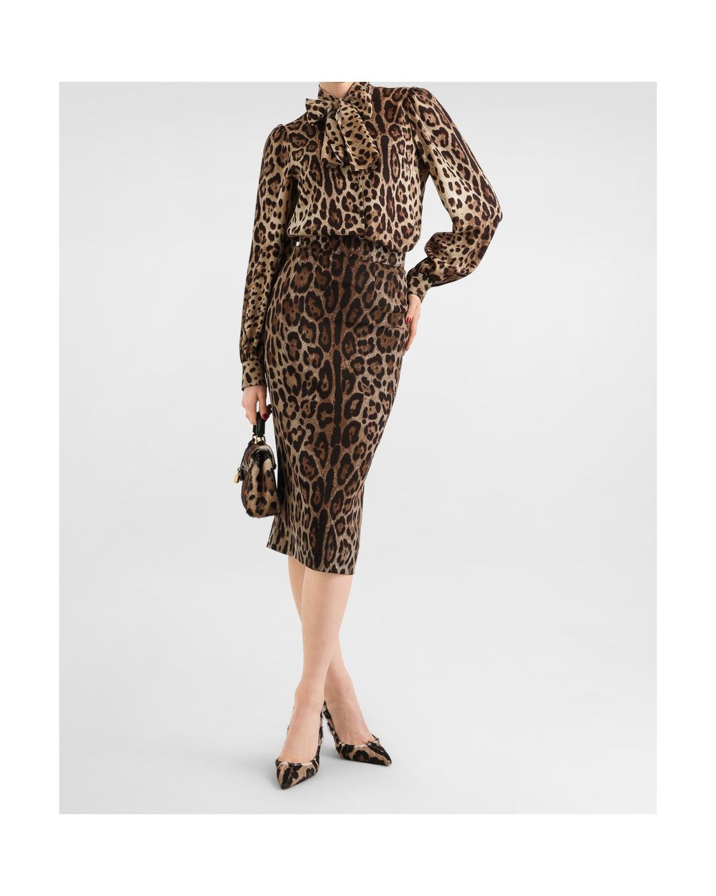 Dolce & Gabbana Brown Leo-Print Silk Charmeuse Shirt