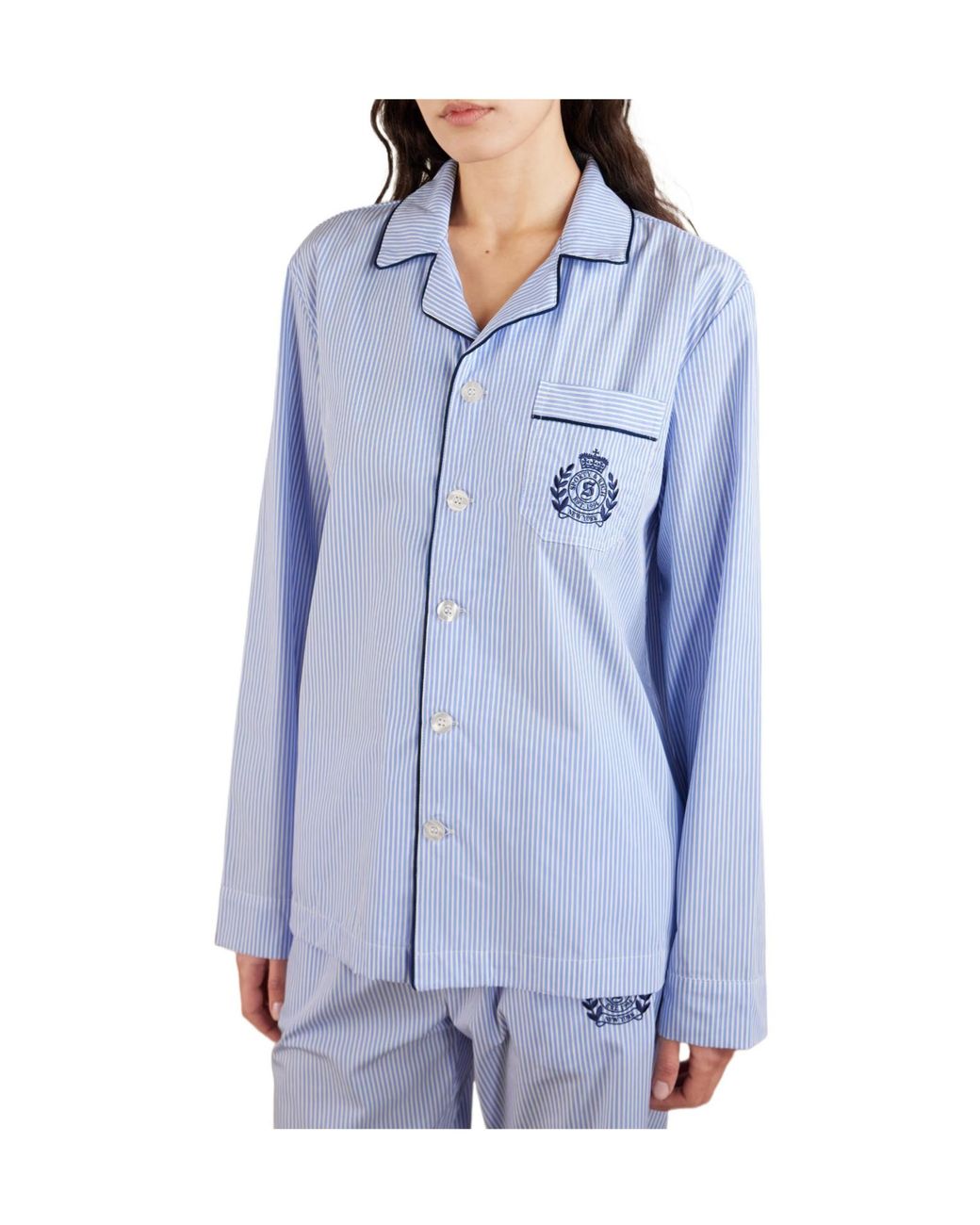 Sporty & Rich Blue Embroidered Striped Cotton-Poplin Pajama Shirt