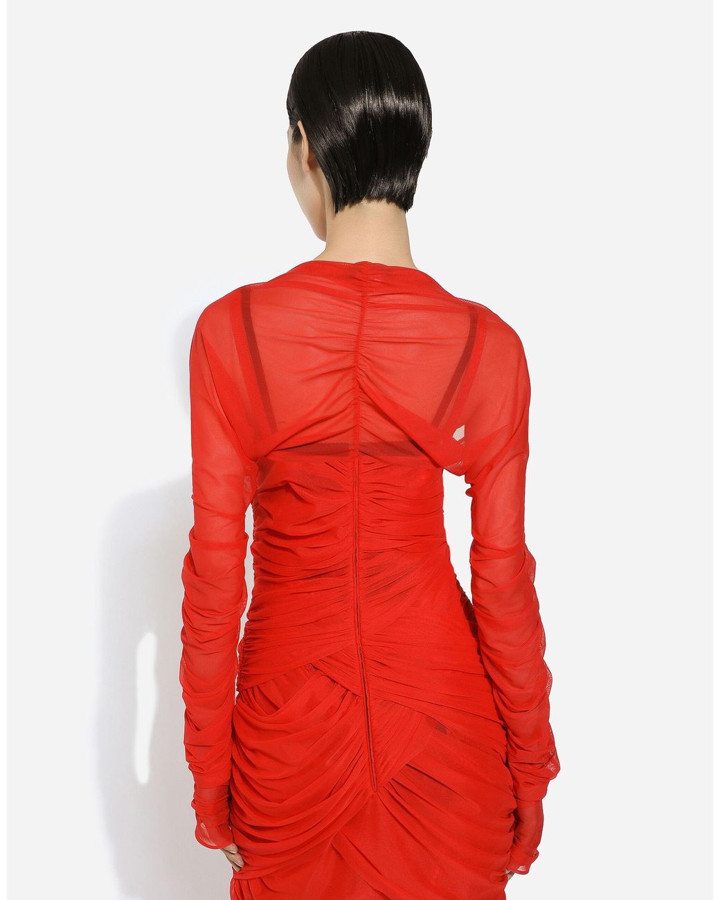 Dolce & Gabbana Red Tulle Draped Long-Sleeved Midi Dress