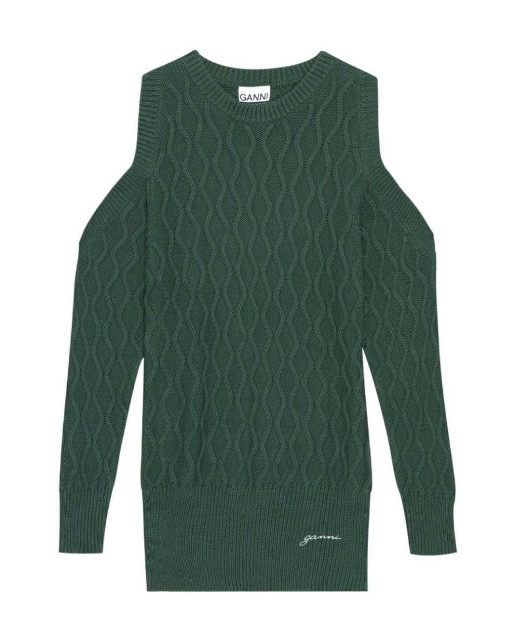Ganni Green Cold-Shoulder Crewneck Knitted Dress