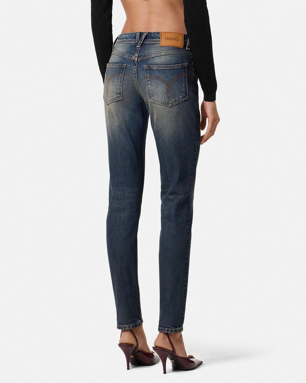 Versace Blue Logo-Patch Tapered Leg Jeans